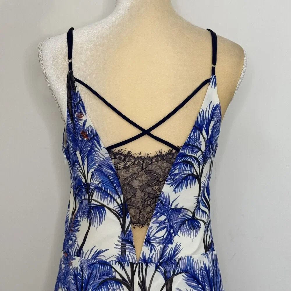 Adelyn Rae Nevina Palm Print Lace Slip Dress Size S Blue White V-Neck Sleeveless